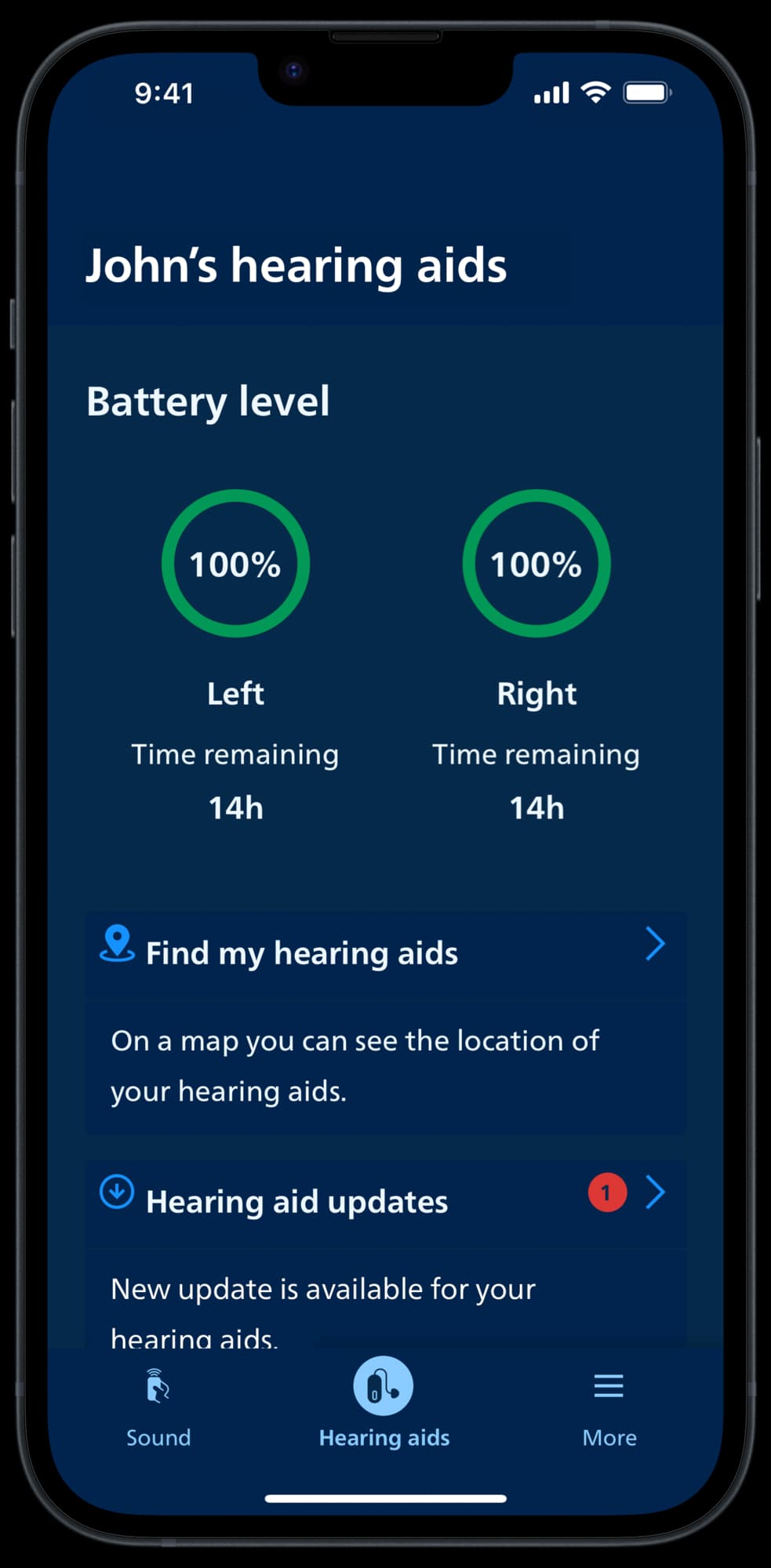 Aplicația Philips HearLink 2: nivelul bateriei și localizarea aparatelor